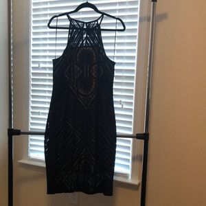 Black and nude geometric design dress